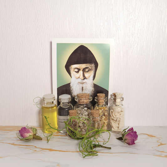 Set of oil, water, incense, soil and relic of Saint Charbel - Our Lady of Gifts