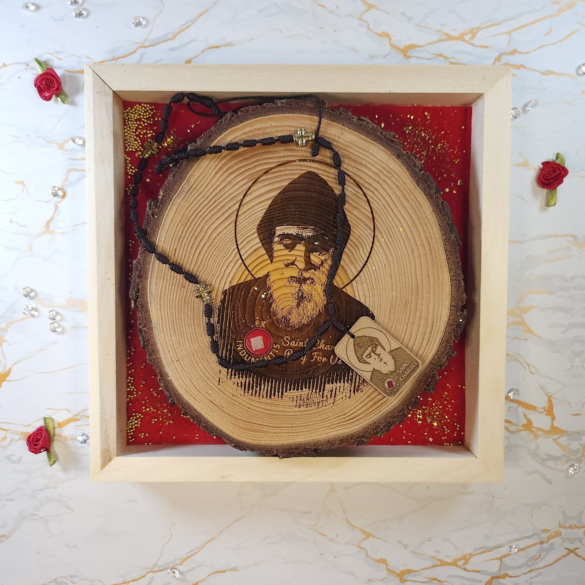 Saint Charbel, Cedar of Lebanon Box (Ex Indumentis) - Our Lady of Gifts