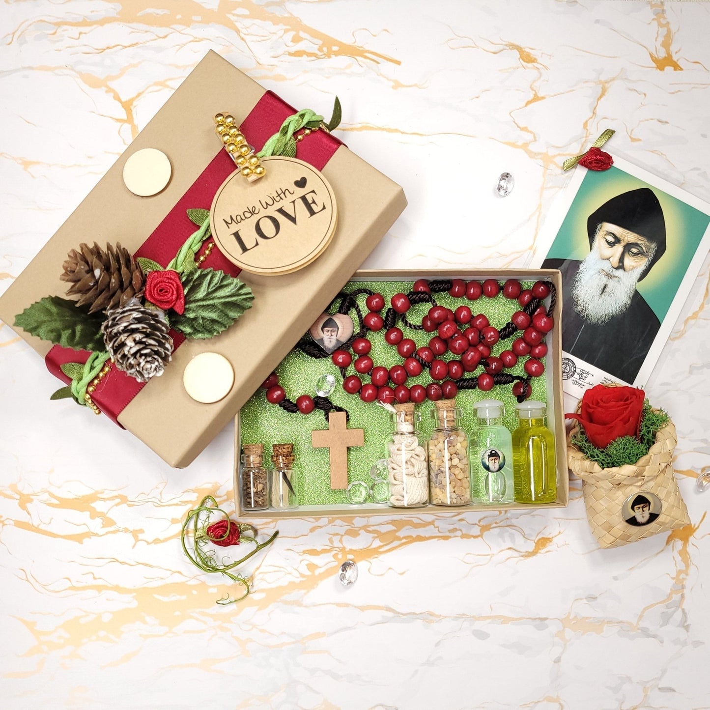 Saint Charbel Christmas box with eternal rose - Our Lady of Gifts