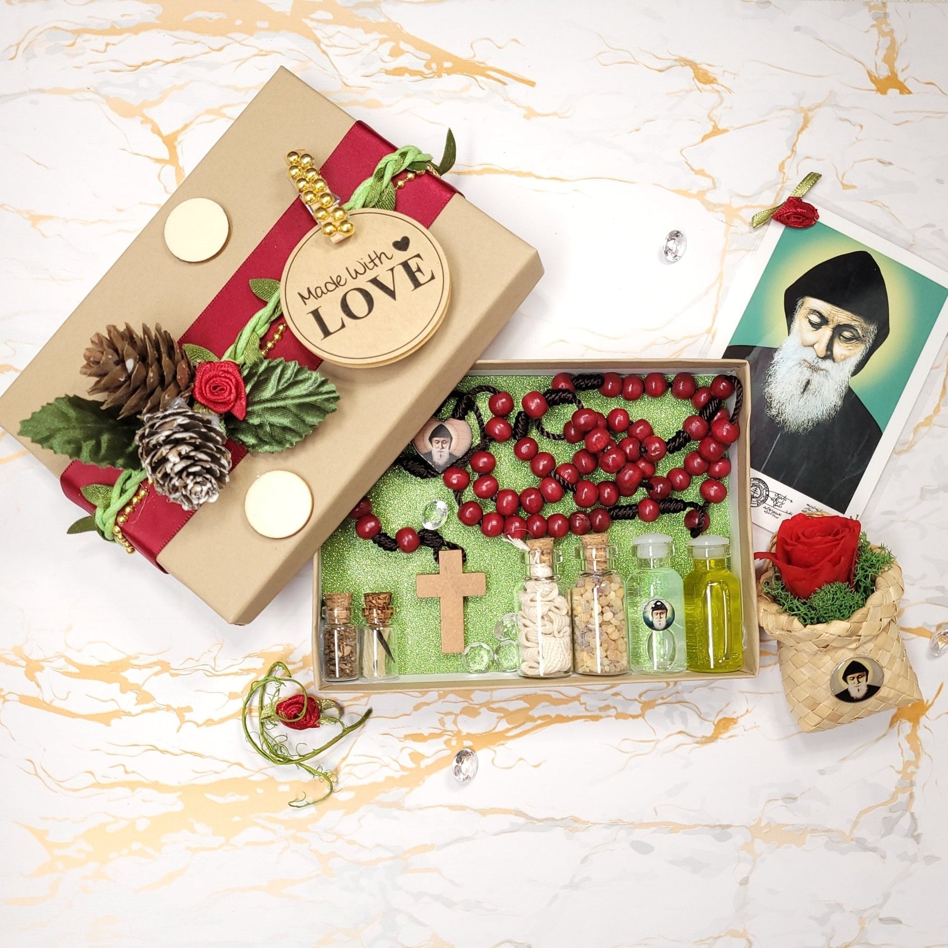 Saint Charbel Christmas box with eternal rose - Our Lady of Gifts