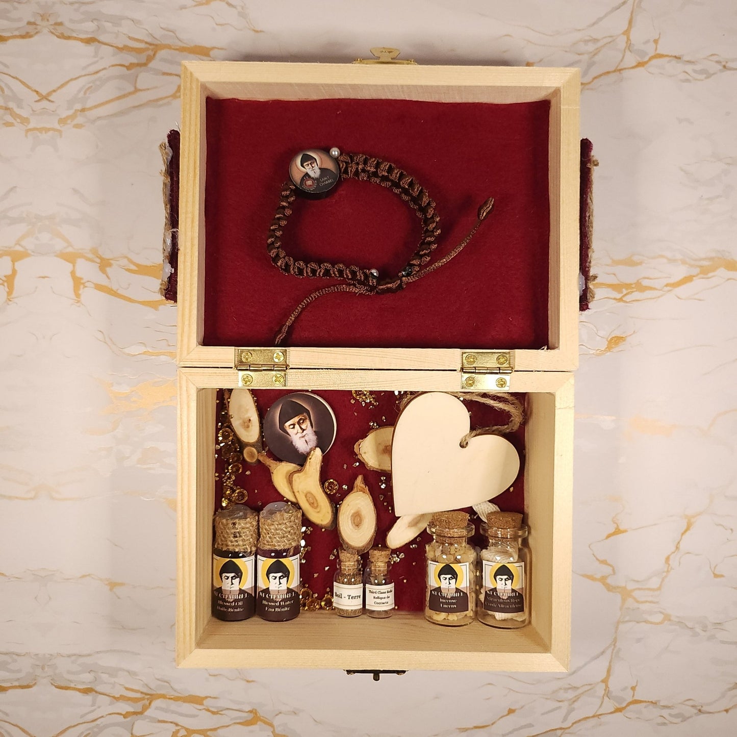 Saint Charbel Wooden Treasure Box (include relic bracelet) - Our Lady of Gifts