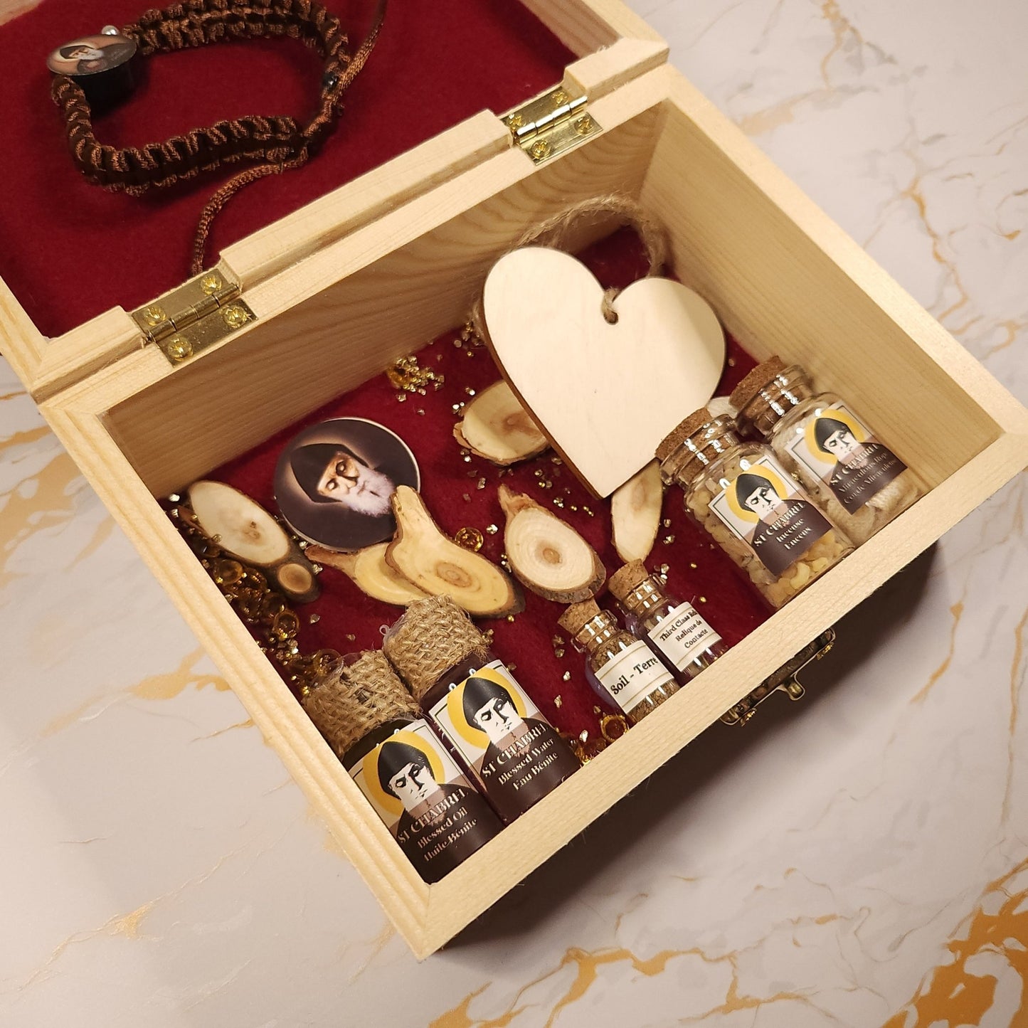 Saint Charbel Wooden Treasure Box (include relic bracelet) - Our Lady of Gifts