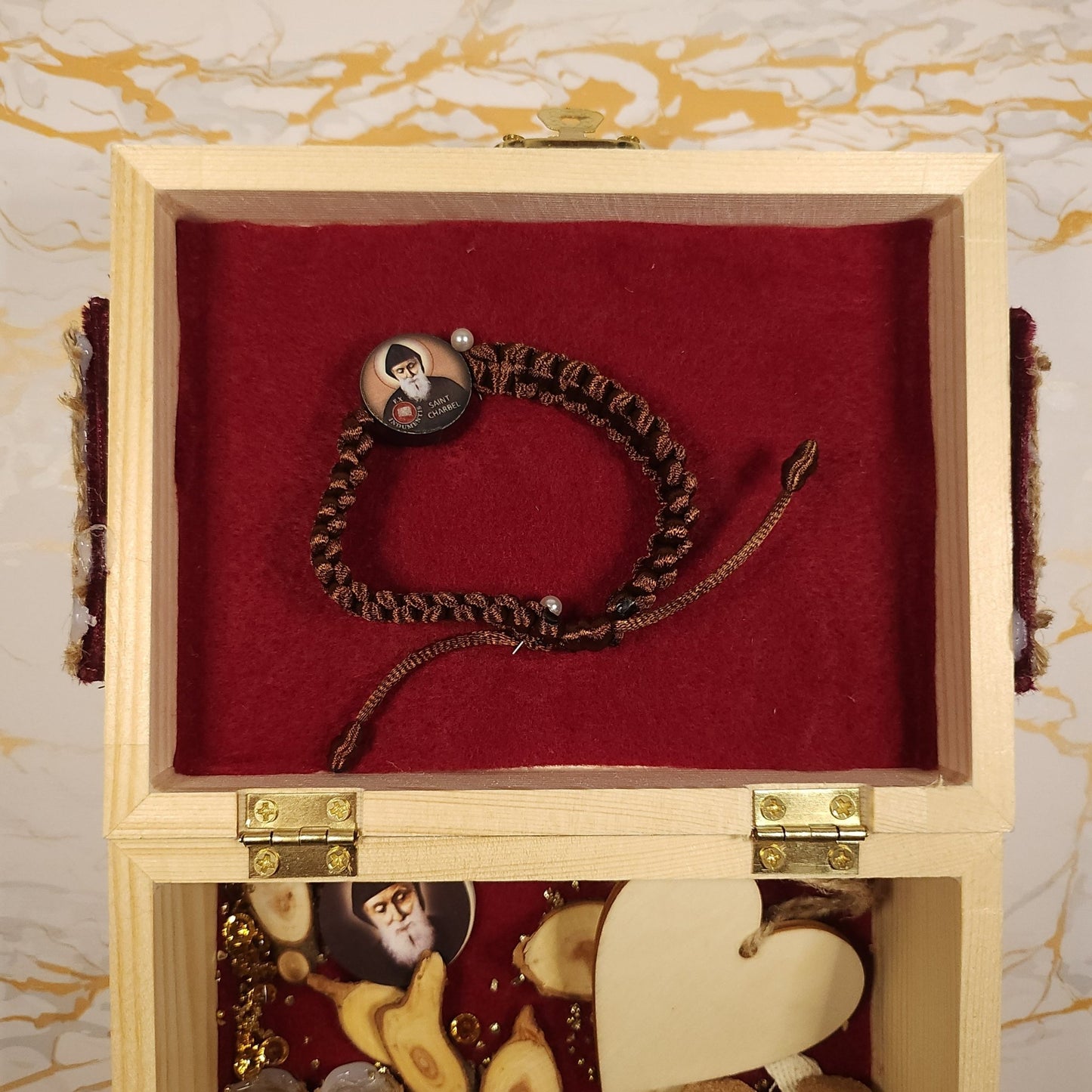 Saint Charbel Wooden Treasure Box (include relic bracelet) - Our Lady of Gifts