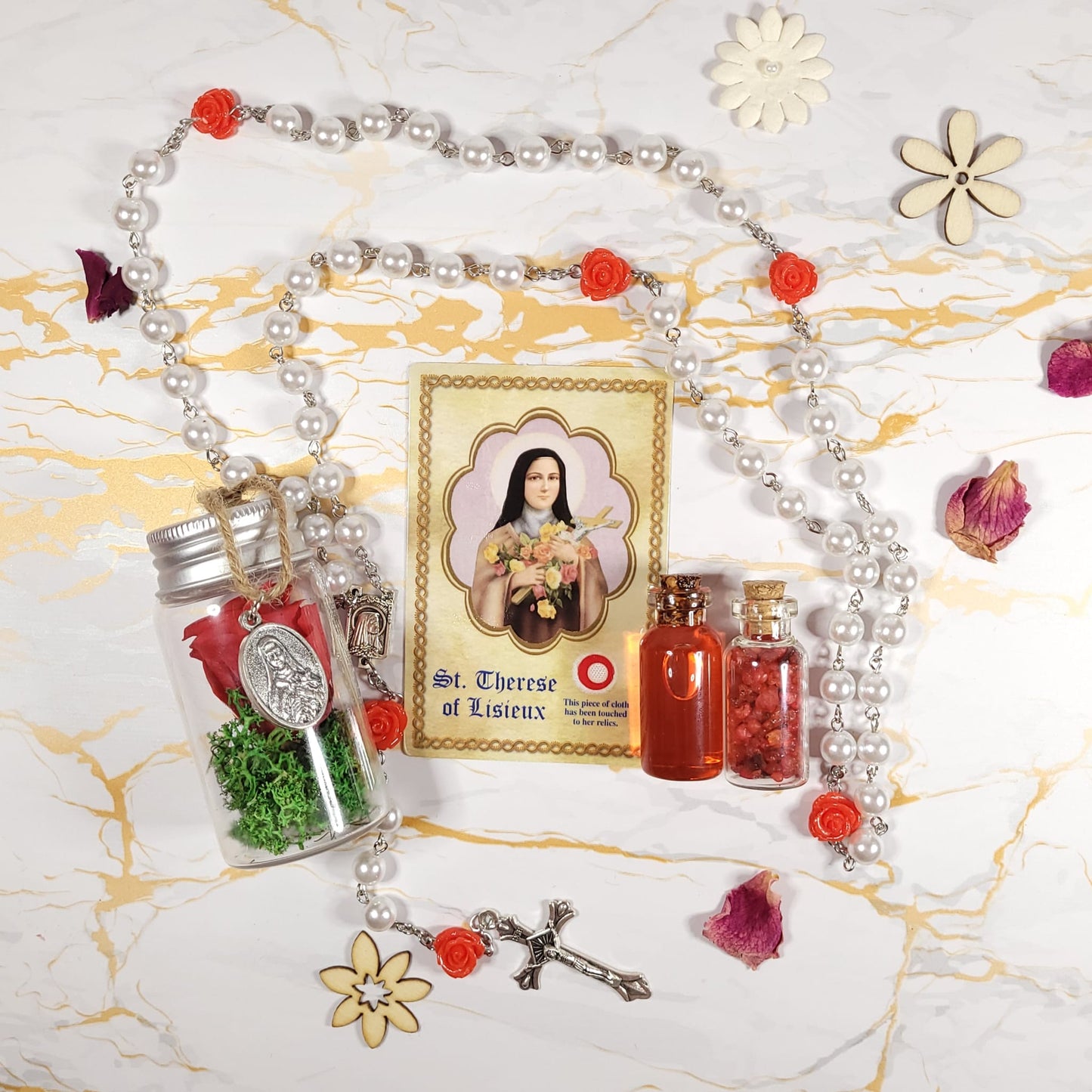 Saint Therese de Lisieux Set - relic oil, rose incense, rose medal, rosary and relic card - Our Lady of Gifts