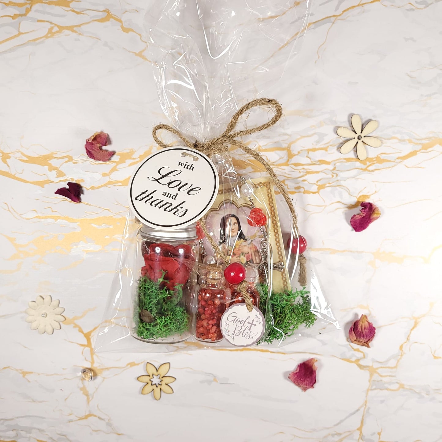 Saint Therese de Lisieux Set - relic oil, rose incense, rose medal, rosary and relic card - Our Lady of Gifts