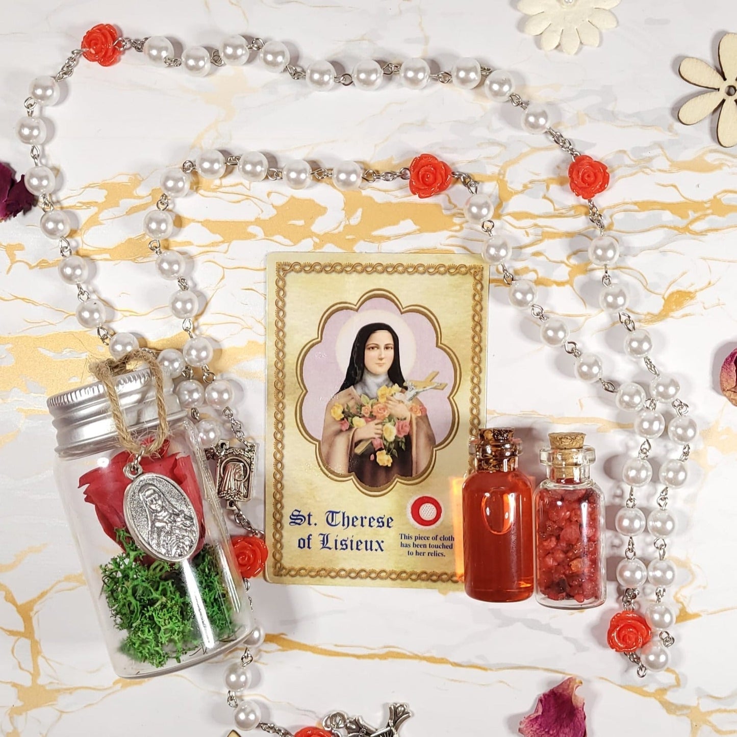 Saint Therese de Lisieux Set - relic oil, rose incense, rose medal, rosary and relic card - Our Lady of Gifts