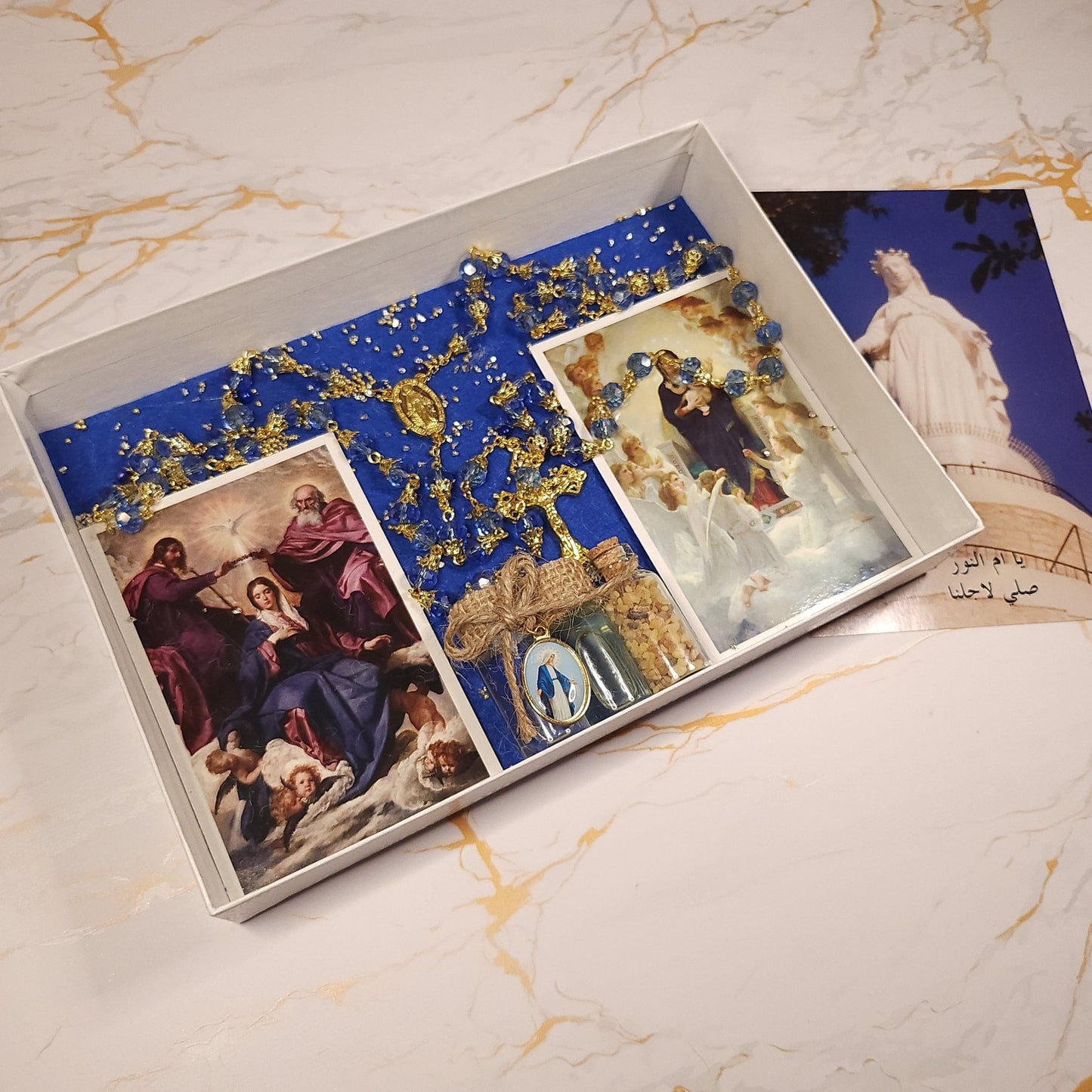 The Marian Box - (Rosary, Prayer cards, third class relics, water from Lourdes, Oil ...) - Our Lady of Gifts