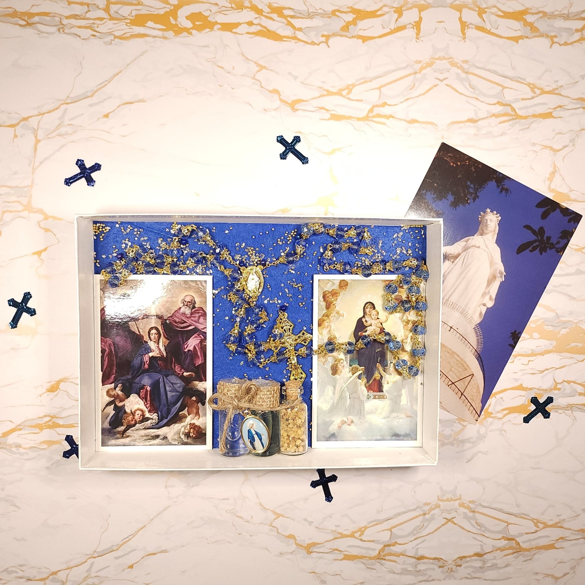 The Marian Box - (Rosary, Prayer cards, third class relics, water from Lourdes, Oil ...) - Our Lady of Gifts