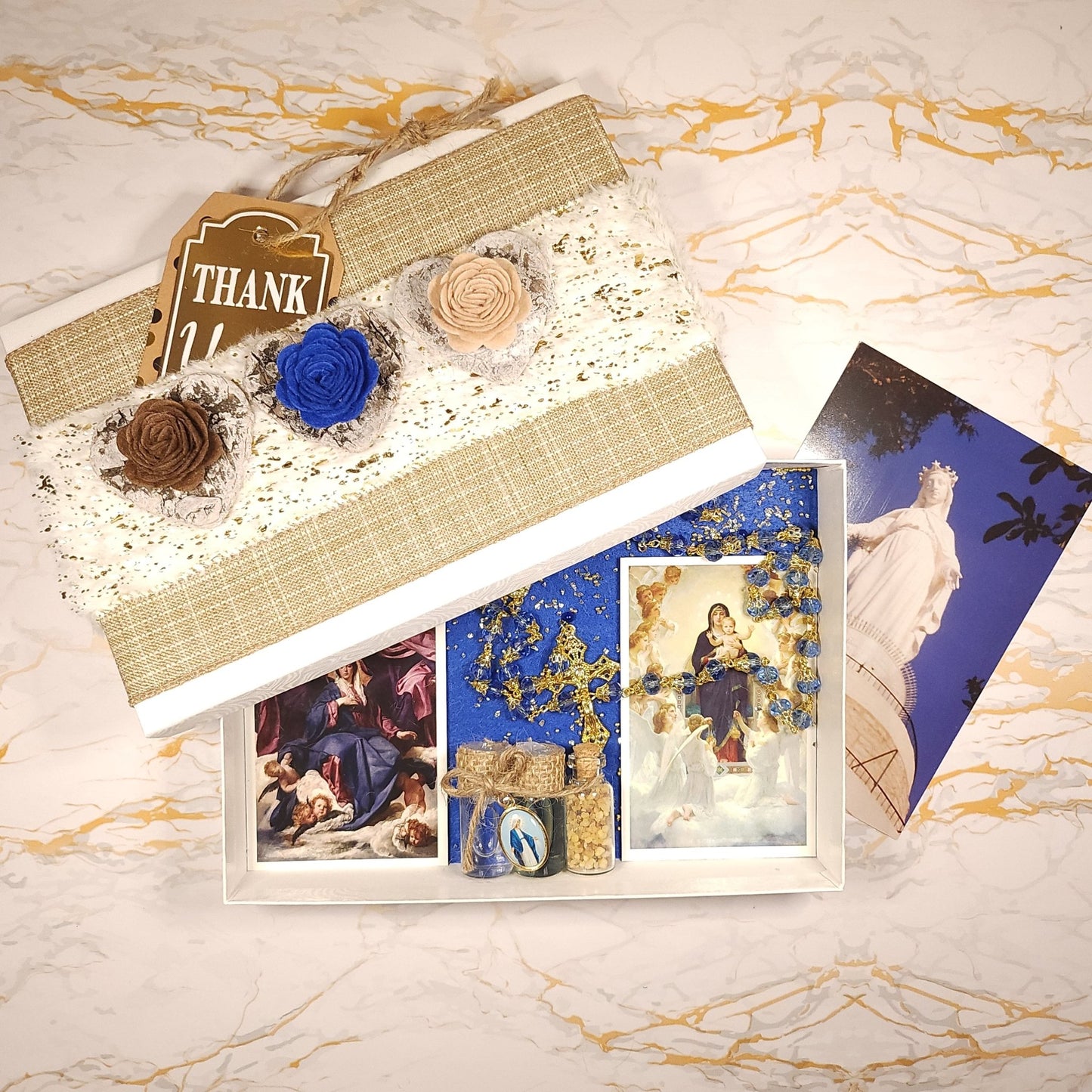 The Marian Box - (Rosary, Prayer cards, third class relics, water from Lourdes, Oil ...) - Our Lady of Gifts