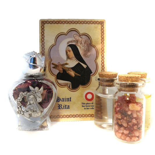 Saint Rita set of oil, water, rose incense, roses and relic card - Our Lady of Gifts 