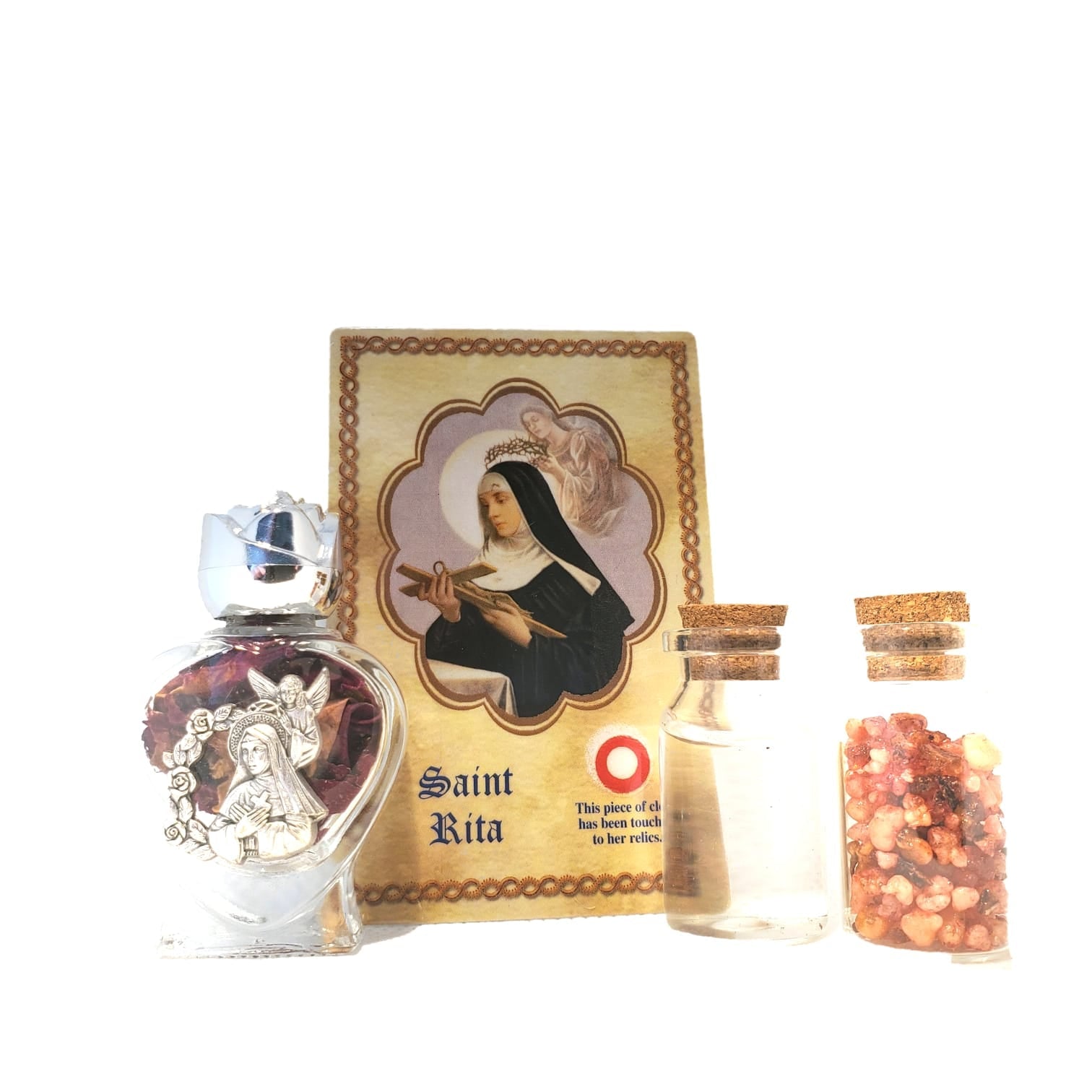 Saint Rita set of oil, water, rose incense, roses and relic card - Our Lady of Gifts