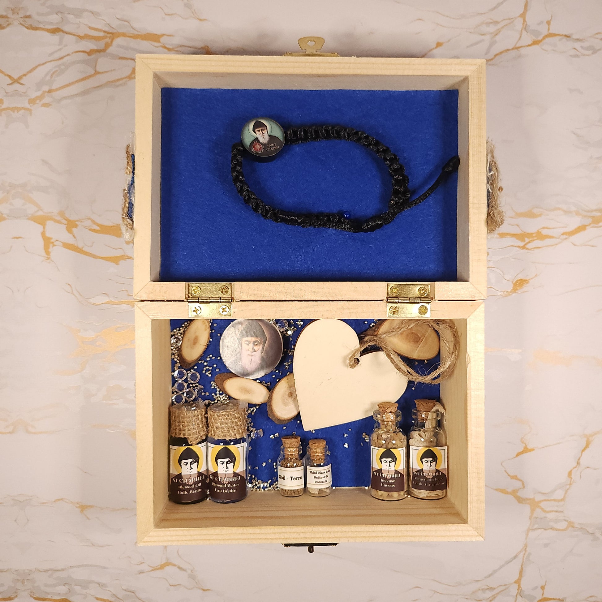Saint Charbel Wooden Treasure Box (include relic bracelet) - Our Lady of Gifts