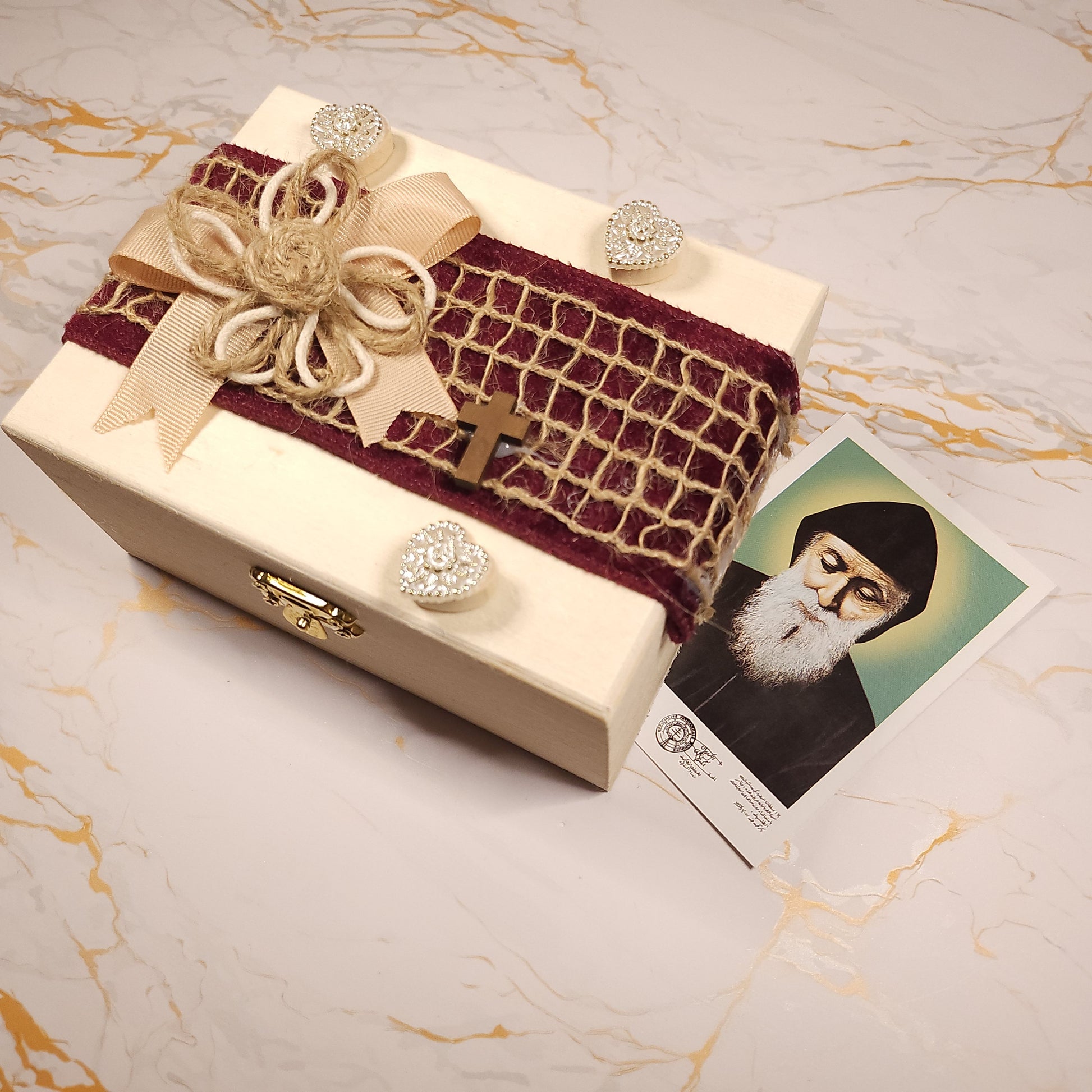 Saint Charbel Wooden Treasure Box (include relic bracelet) - Our Lady of Gifts