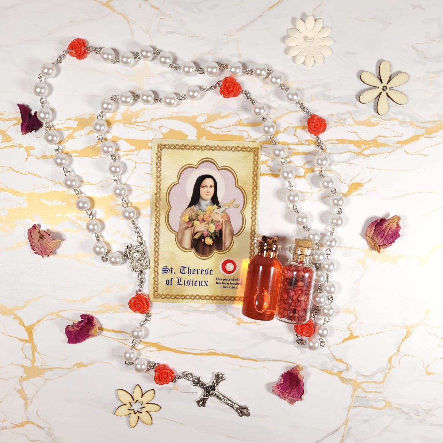 Saint Therese de Lisieux Set - relic oil, rose incense, rose medal, rosary and relic card - Our Lady of Gifts