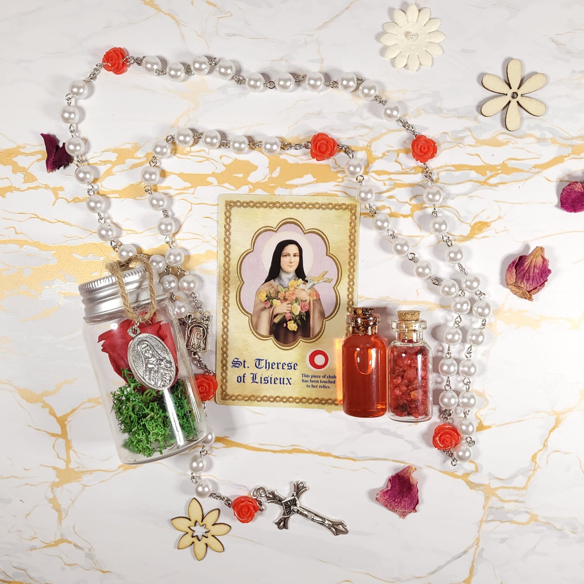 Saint Therese de Lisieux Set - relic oil, rose incense, rose medal, rosary and relic card - Our Lady of Gifts