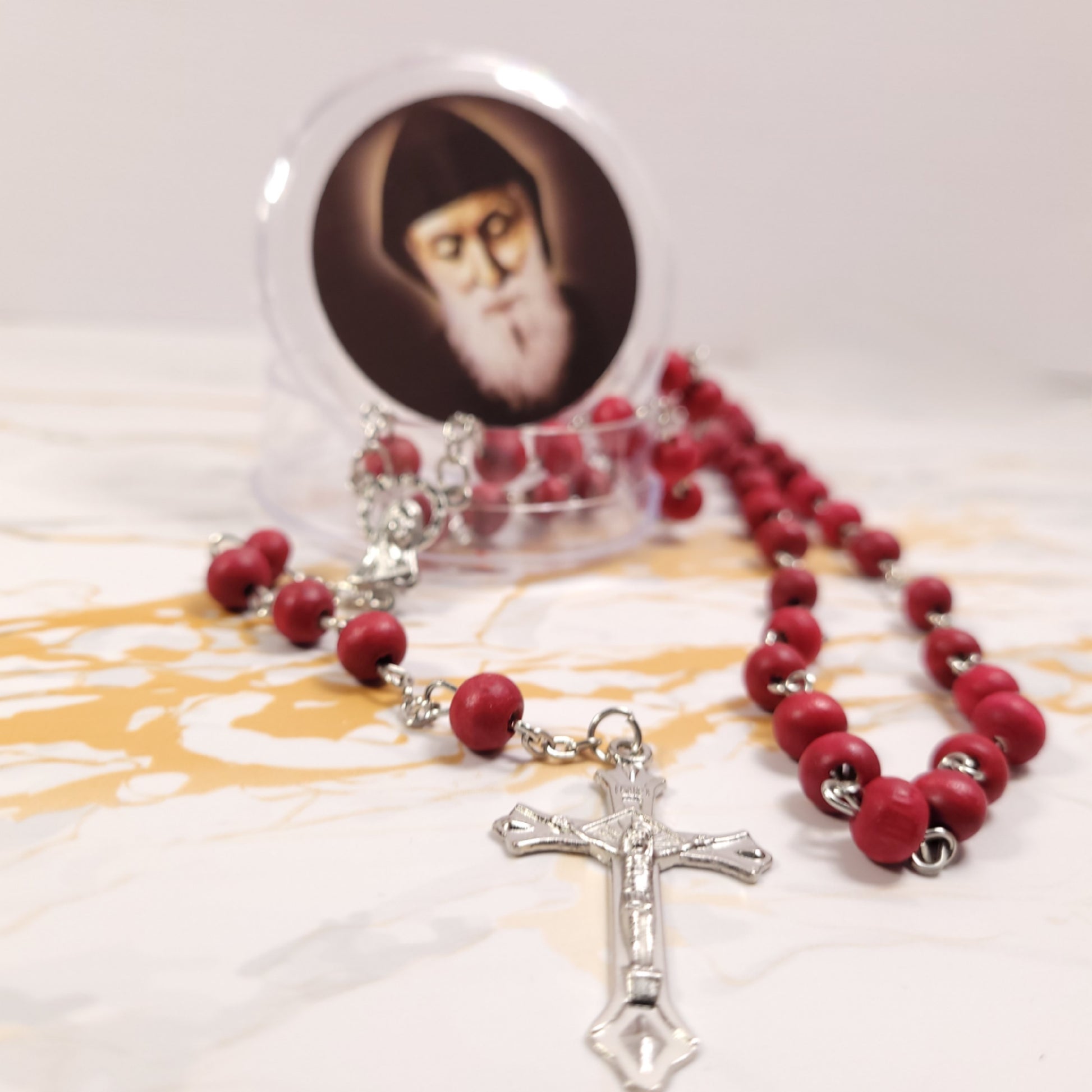 Set of oil, water, incense, soil, relic, rosary and novena booklet of Saint Charbel - Our Lady of Gifts