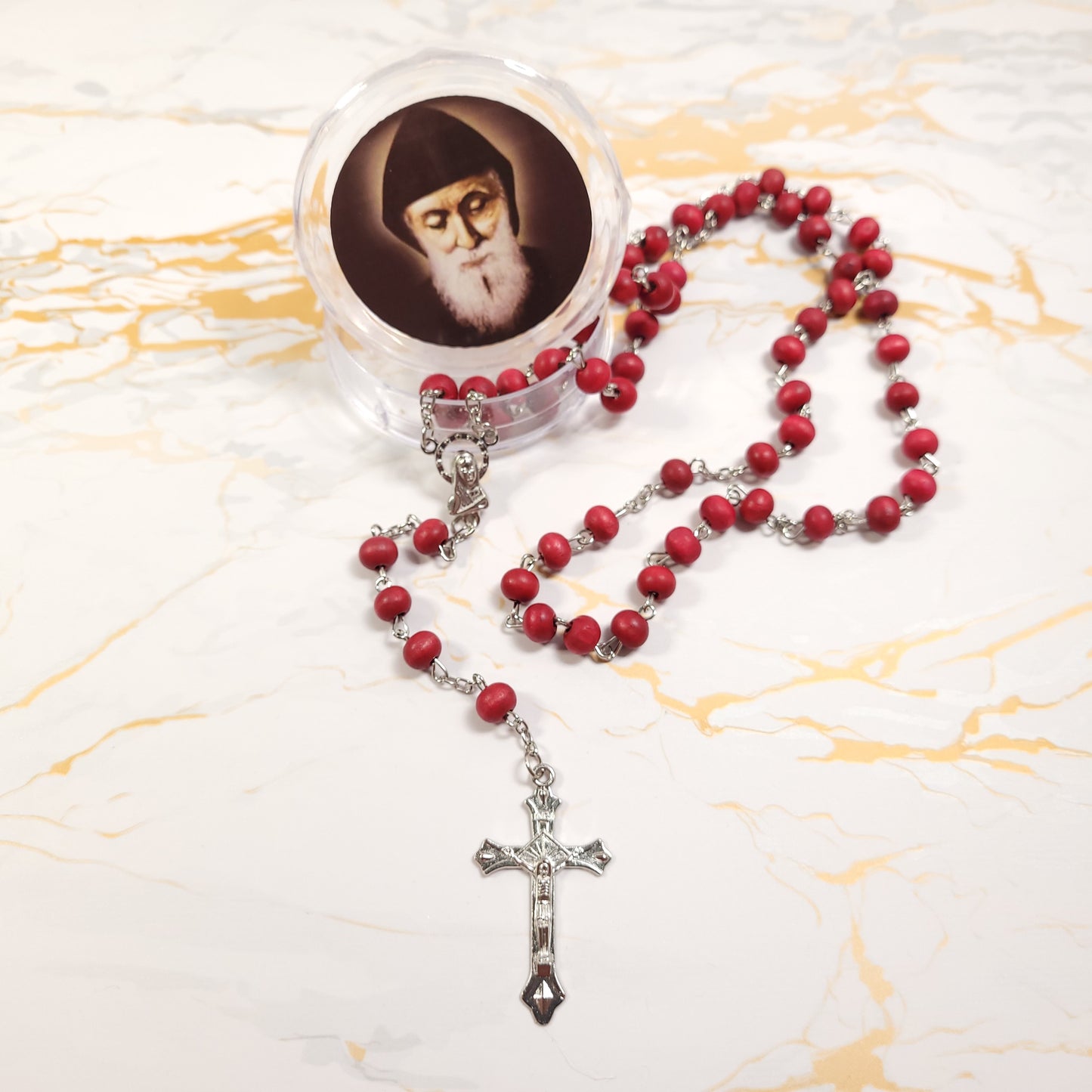 Saint Charbel Rose wood rosary - Our Lady of Gifts